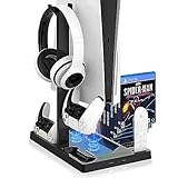 AARONMEI PS5 vertikaler Ständer, leiser Kühlgebläse-Standfuß, 1 Kopfhörerständer, 2 Controller-Ladegeräte, 15 Spiel-Disc-Slots und 1 Medienfernbedienungs-Aufbewahrungsbox (Schwarzes)