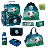 Familando Fussball Schulranzen 1. Klasse ergonomischer Tornister für Mädchen und Jungen Schultasche im Set (9-teilig mit Sporttasche)