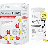 Vitamin D3 K2 MK-7 Hochdosiert – 240 Softgel Kapseln – 5000 I.E. Vitamin D und 100mcg Vitamin K2 MK7 – Hohe Bioverfügbarkeit Vitamin D K2 mit Leinöl – Ohne Zusätze