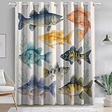 Verdunklungsvorhänge Fische Pflanzen Vintage Bedruckte Vorhänge Blickdicht mit ösen Verdunkelung, Gardinen Für Schlafzimmer Wohnzimmer Kinderzimmer Deko, H 245 x B 100 cm (2er Pack) Bunt