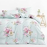 Wake In Cloud - Florales Bettbezug-Set, Cottagecore bunte Blumen, Bauernhaus, botanisches Vintage-Shabby-Chic-Muster, gedruckt auf hellgrün, weiche Mikrofaser-Bettwäsche (3-teilig, King-Size-Größe)