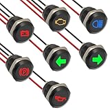 JAMHER 7 Stück 12mm Wasserdichte Signalleuchte LED Kontrollleuchte, DC 12V/24V LED Metall Kontrollleuchte mit 150 mm Kabel für Motorräder Autos LKW Traktoren RV ATV