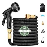 Flexibler Gartenschlauch, 1/2 zoll 22,5 m Erweiterbarer Gartenschlauch, Dehnbarer Gartenschlauch Sprühdüsen Adapter Set für Gartenbewässerung Rasen Haustierbaden Autowaschen (Schwarz 75FT/22,5 m)