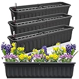 Hausfelder Blumenkasten 4er Set mit Wasserspeicher und Wasserstandsanzeige, Balkonkasten mit Bewässerungssystem Innen und Außen (Anthrazit-Schwarz, 80cm lang - 4er Set)