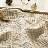 EMME Baumwolle Decke, Vorge-waschene Kuscheldecke, 4-Layer Weiche und Atmungsaktive Tagesdecke, Universale Sofadecke Leichte Bequeme Baumwoll Musselin Decke für Ganze Saison (Beige, 140 x 190 cm)