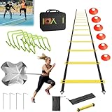 Suusolny Fußball Trainingsset Fussball Trainingszubehör Kinder Fußball Kick Trainer Enthält 6m Koordinationsleiter, 6 verstellbare Hürden, 12 Kegel, Schleppfallschirm & Aufbewahrungstasche