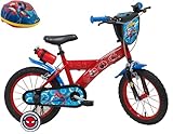 A.T.L.A.S. Jungen Kinderfahrrad 14 Zoll Marvel, Ausgestattet mit 2 Bremsen, Dekorativer Frontplatte, Hinterer Kanister und Spiderman-Helm, Rot wie abgebildet