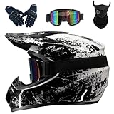 Helm Motocross Helm Kinder Erwachsene mit Schutzbrille Handschuhe Gesichtsbedeckung DOT-zugelassen(#White,L(56-57cm))