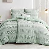 Qucover Seersucker Bettwäsche 135x200 Grün 4teilig Weiß Gestreift, Mikrofaser Bettwäsche-Sets, 2 Bettbezügen 135x200cm + 2 Kissenbezüge 80X80cm, Bügelfreie Bettwäsche mit Reißverschluss