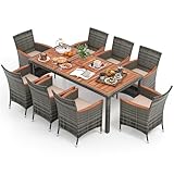 COSTWAY 9 TLG. Rattan Gartenmöbel Set, Sitzgruppe für 8 Personen, Gartentisch mit Tischplatte aus Akazienholz, 8 stapelbare Stühle & Kissen, Terrassenmöbel Set, Gartengarnitur, Sitzgarnitur, Essgruppe