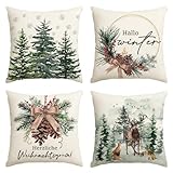 Artoid Mode Holly Kiefernzapfen Rentier Baum Herzliche Weihnachten Kissenbezüge 4er Set, 45x45cm Hallo Winter Zierkissenbezug Couch Wohnzimmer Deko