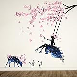 Wandtattoo Mädchen auf Baum Swing & Moose Silhouette Wand Aufkleber mit Rosa Schmetterlinge Dekorative Abnehmbare Wandsticker DIY Vinyl Wand Aufkleber für Wohnzimmer, Schlafzimmer