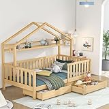 Wuudi Kinderbett in Holzfarbe,Kinderbett Hausbett mit Schubladen,Massivholz mit Lattenrost, Kiefernholz Hausbett, Kinder und Jugendzimmer,90x200,Natur[Old SKU:2946356NAA]