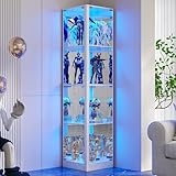 FREDEES Glas Vitrine mit LED-Beleuchtung, Eck-Vitrine mit Glastüren, 4-stöckige Sammlervitrine für Sammlerstücke/Spielzeug/Bücher, Verspiegelter Aufbewahrungsschrank, Weiß