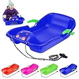 Bob Schlitten Kinder Lenkschlitten Lenkbob - Kinderschlitten Schneebob Skibob Rodel für Kinder, Kunststoffrodel Kinder mit 2 Griffe, Bremshebel, Langem Kordelzug - Sicherer Stabilitäter - Blau