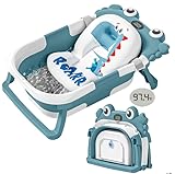 Faltbare Babybadewanne für Neugeborene mit Thermometer und weichem Schwimmkissen, tragbare und faltbare Reise-Baby-Badewanne für Säuglinge bis Kleinkinder, 0-36 Monate (Blau)