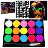 URAQT UV Bodypainting, 15 Farben Kinderschminke Set, Neon UV Schminkfarben Schminkpalette, Waschbar Face Paint Körperfarbe mit 2 Pinsel und 40 Tattoos für Halloween Karneval Make-up Fasching