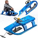 KADAX Kunststoffschlitten mit Hupe, Kinderschlitten aus Kunststoff, Rodel mit Blechbeschlag, Lenkschlitten mit Zugseil und Griff, Schlitten für Kinder (Blau)