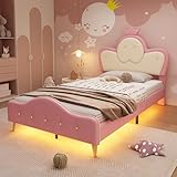 Merax Kinderbett Polsterbett 90x200cm mit LED-Streifen, Mädchen Einzelbett, Kopfteil in Wellenform mit Krone, Bettgestell mit Lattenrost und Fußteil, Jugendbett, PU, ohne Matratze, Rosa & Weiß