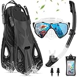 IEEILULU Schnorchelset Erwachsene, 7-teiliges Schnorchelausrüstung mit Anti-Fog Taucherbrille, Flossen, Trockenschnorchel, wasserdichte Handyhülle Ohrstopsel und Tragetasche (Schwarz, L/XL)