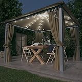Gecheer Pavillon mit Vorhängen LED Lichterketten Gartenzelt Partyzelt Festzelt Gartenpavillon Bierzelt Garten Zelt Outdoor Terrasse 300x300cm Taupe Alu