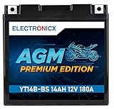 Electronicx AGM Premium YT14B-BS – 12V 14Ah 180A Hochleistungs-Motorradbatterie - wartungsfrei und versiegelt, auslaufsicher, vibrationsfest und langlebig – Ideal für Roller, Quad, ATV und Motorrad