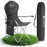 Juskys Campingstuhl Lido faltbar inkl. Getränkehalter, Seitentasche & Tragetasche - Camping Klappstuhl gepolstert mit Armlehne & Rückenlehne - Schwarz