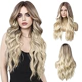 LUFFLOK Lange Lockige Ombre Braun zu Blond Perücken für Frauen 68cm Lange Perücken Damen Lockige Gewellte Perücken Hitzebeständig Volle Haar Ombre Perücke für Tägliche Karneval Party Cosplay (Blond)