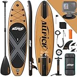 ALLPICK Premium SUP Board Set, Stand Up Paddling Board Aufblasbar, Mit Universal Kamerahalterung, Komplettes Zubehör, Verstellbares Paddel, Anfänger und Fortgeschrittene, Holzmaserung