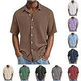 Perfekt für Den Sommerurlaub Leinenhemd Herren Kurzarm Musselin Hemden Button Down Leicht Sommerhemd Casual Freizeithemd mit Brusttasche Bequem Atmungsaktiv Strandhemd Urlaub Leinenshirt Braun,L