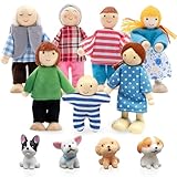 ATSGJLZN Puppenhaus Puppen,7er Biegepuppen Familie,Puppenhäus Figuren mit 4er Hund,KleinePuppenfiguren, Puppenhaus Zubehör Holz für Puppenstube Geschenk