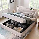 BXEYXE Polsterbett Doppelbett Stauraum Bettkasten mit USB Typ C Ladefunktion Kopfteil.Stauraumbetten Bettgestell aus Leinenmaterial Jugendbett 140x200 mit lattenrost(Mit Matratze)