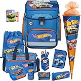 Pridera Scooli Schulranzen 1.Klasse Jungen Hot Wheels Auto EasyFit Set 12tlg. mit Sporttasche Brustbeutel Brotdose Trinkflasche Stifteköcher, passend dazu Schultüte Hot Wheels Auto gratis