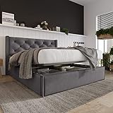 Gelukueub Hydraulisch Einzelbett Polsterbett,Bett mit Lattenrost aus Metallrahmen, Modernes Bettgestell mit Stauraum, Baumwolle (Grey, 140x200cm)