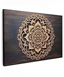 MuchoWow© Bild auf Leinwand Groß 120x80 cm XXL Schlafzimmer Bilder Wand Deko Wohnzimmer Modern Wanddeko Bilderwand Geschenk Mandala - Holz - Blumen - Braun