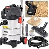 Hecht Nass und Trockensauger – Mit 5m extra Schlauch - 1400 Watt starker Industriestaubsauger mit Steckdose – Einschaltautomatik– 30 Liter Behälter – Blasfunktion – umfangreiches Zubehör