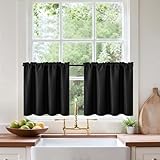 Vangao Waffel Scheibengardinen Modern Küche Schwarz Bistrogardine 2er Set 90Bx60Hcm Einfarbig Landhaus Gardinen Kurz mit Stangendurchzug Lichtfilterung Küchengardinen Wohnzimmer Wohnwagen Kurzstores