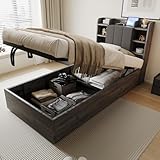Merax Holzbett 90x200 cm mit hydraulischem Stauraum, Kopfteil mit Ablagefächern & verstecktem Fach, USB- & Type-C-Steckdose, gepolsterte Rückenlehne, Einzelbett Jugendbett, Grau (ohne Matratze)