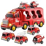 DAJASD 5 in 1 Feuerwehrauto Spielzeug für 3 4 5 6 Jahre Jungen Mädchen, Kinder Träger Feuerwehrautos Autos, Hubschrauber Spielzeug Kinder Reibung Power Toys mit Licht Sound Feuerwehraut ab 2 Jahre