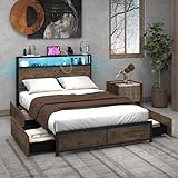 COSTWAY Bett mit LED Beleuchtung, Ladestation & 4 Schubladen, Stauraumbett mit Kopfteil & Lattenrost, industrieller Bettrahmen, Metallbett, Doppelbett 200 x 140 cm