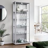 K-Möbel Glasvitrine in Alu/Silber (176x67x33 cm) mit 4 höhenverstellbaren Glasböden & LED - Modellauto Vitrine Silber - Vitrinenschrank Silber - Sammlervitrine - Wohnzimmerschrank Regal Glas Schrank