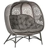 Outsunny 2-Sitzer Gartenstuhl, Korb-Stuhl mit Faltbarem Korb, Papasansessel mit Kissen, Loungesessel bis 240kg belastbar für Balkon, Terrasse, 126 x 75 x 142 cm, Sand