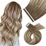 Moresoo Invisible Tape in Extensions Echthaar Hellbraun Tape Extensions Kastanienbraun mit Goldblond Echthaar Extensions Tape Klebe Extensions Braun 10 Stück 25g/Pack 35 cm #8/22/8