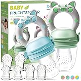Fruchtsauger Baby ab 3 Monate- 2 Stück Zahnungshilfe + 6 Ersatz-Sauger in 3 Größen, Hygienischem Silikon, Sicher & BPA-frei, Beikost Baby Zubehör Sachen für Obst, Gemüse, Brei Beikost