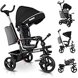 KIDIZ® Dreirad 5in1 Kinderdreirad mit Schubstange Lenksystem Stange ab 1 Jahr, Jogger vorwärts und Rückwärtsfahrt,Korb Tasche Getränkehalter Sonnendach Gummiräder Buggy Fahrrad Baby Klappbar, Schwarz