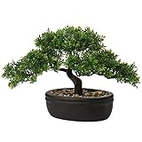 Kunstbonsai Naturgetreue Künstliche Pflanze Kunstbaum Bonsai Zeder Kiefer Podocarpus Plastik Pflanze Kunstpflanze mit Keramik-Übertopf in Schwarz für Baddeko Desktop Büro Fensterbank