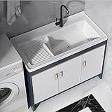 Wäscheschrank mit Waschbecken Keramik Waschbecken Outdoor Waschtisch Bad & Wäschestation mit Wasserhahn Handwaschstation Platzsparende Wäschemöbel