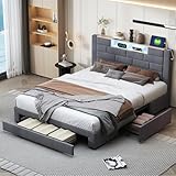 Polsterbett 140x200 mit Kopfteil, Doppelbett mit 3 Schubladen, LED-Beleuchtung & USB-Anschluss, Bettgestell mit Stauraum, modernes Bett mit Stauraum für Jugendliche & Erwachsene, grau (160*200cm)