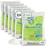AlmaWin® Spülmaschinen Salz [6x2kg] zum Schutz vor Kalkablagerungen & Wasserflecken - Geschirrspüler Salz für optimale Spülergebnisse - Regeneriersalz, Spezialsalz - 100% Natürlich, Bio & VEGAN
