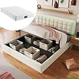 FEZTOY LED Bett 160x200 cm, Polsterbett mit Stauraum, Stauraumbett mit Hydraulisch, Doppelbett Bettgestell mit Lattenrost & Bettkasten & Kopfteil, PU-Oberfläche, mit Matratze, Weiß